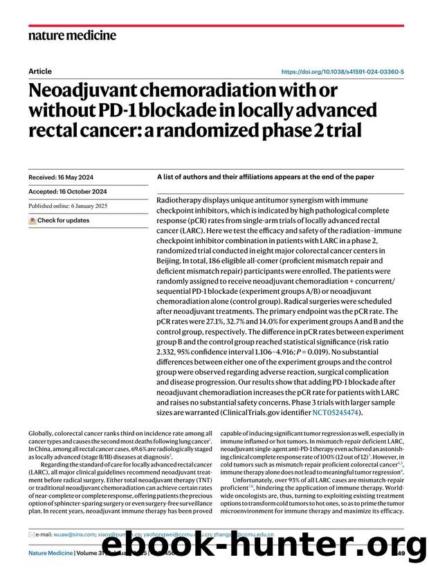 Neoadjuvant chemoradiation with or without PD-1 blockade in locally advanced rectal cancer: a randomized phase 2 trial by unknow