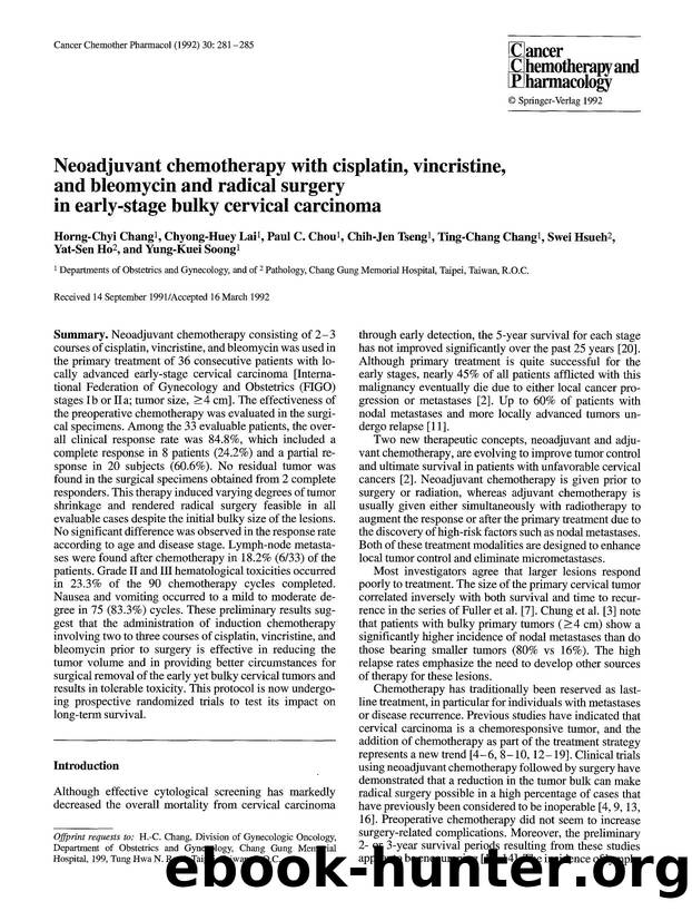 Neoadjuvant chemotherapy with cisplatin, vincristine, and bleomycin and radical surgery in early-stage bulky cervical carcinoma by Unknown