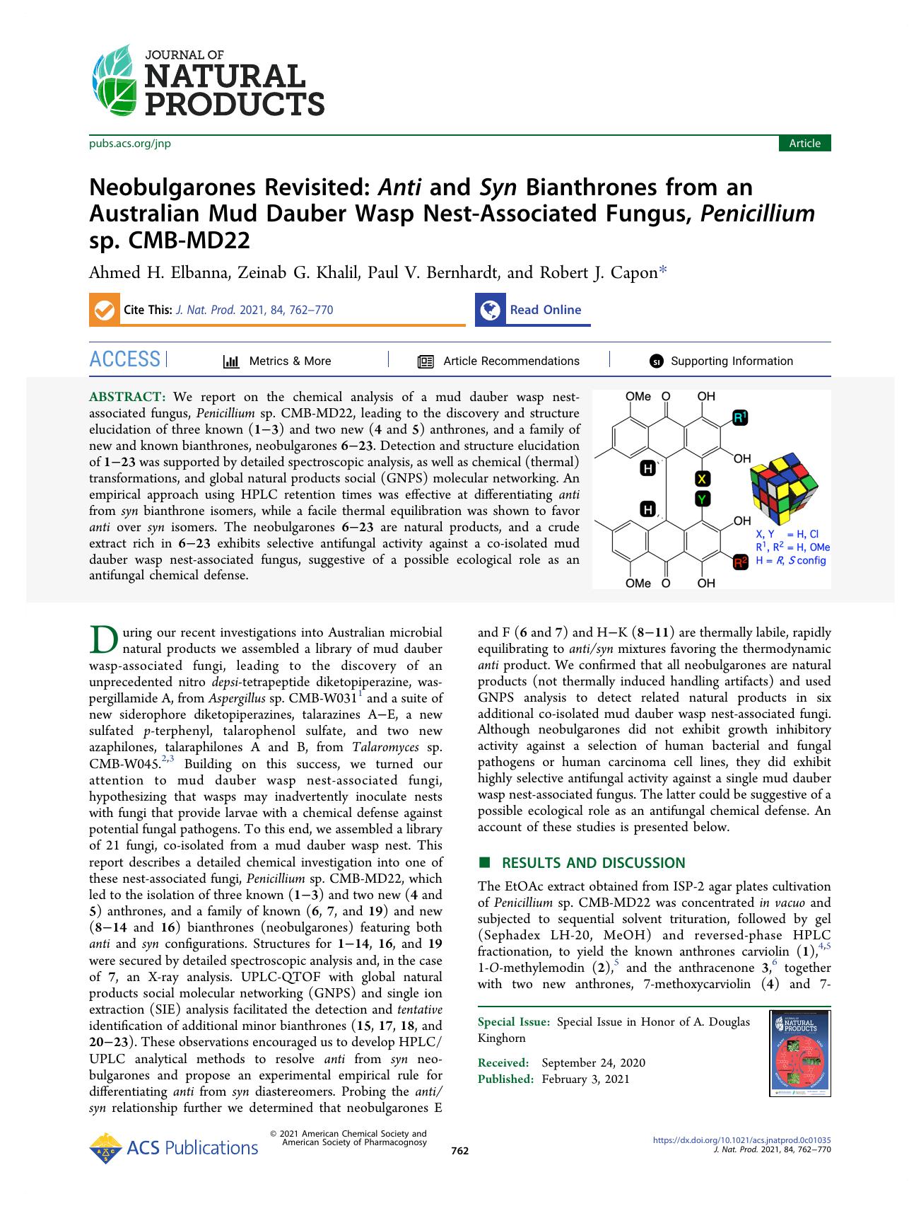 Neobulgarones Revisited: Anti and Syn Bianthrones from an Australian Mud Dauber Wasp Nest-Associated Fungus, Penicillium sp. CMB-MD22 by Ahmed H. Elbanna Zeinab G. Khalil Paul V. Bernhardt and Robert J. Capon