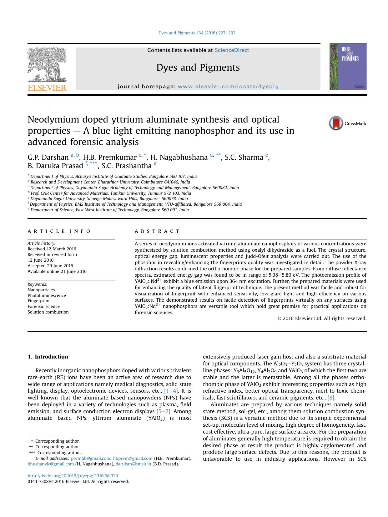 Neodymium doped yttrium aluminate synthesis and optical properties – A blue light emitting nanophosphor and its use in advanced forensic analysis by G.P. Darshan & H.B. Premkumar & H. Nagabhushana & S.C. Sharma & B. Daruka Prasad & S.C. Prashantha