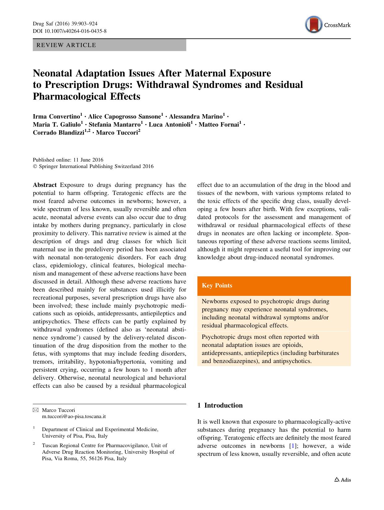 Neonatal Adaptation Issues After Maternal Exposure to Prescription Drugs: Withdrawal Syndromes and Residual Pharmacological Effects by unknow