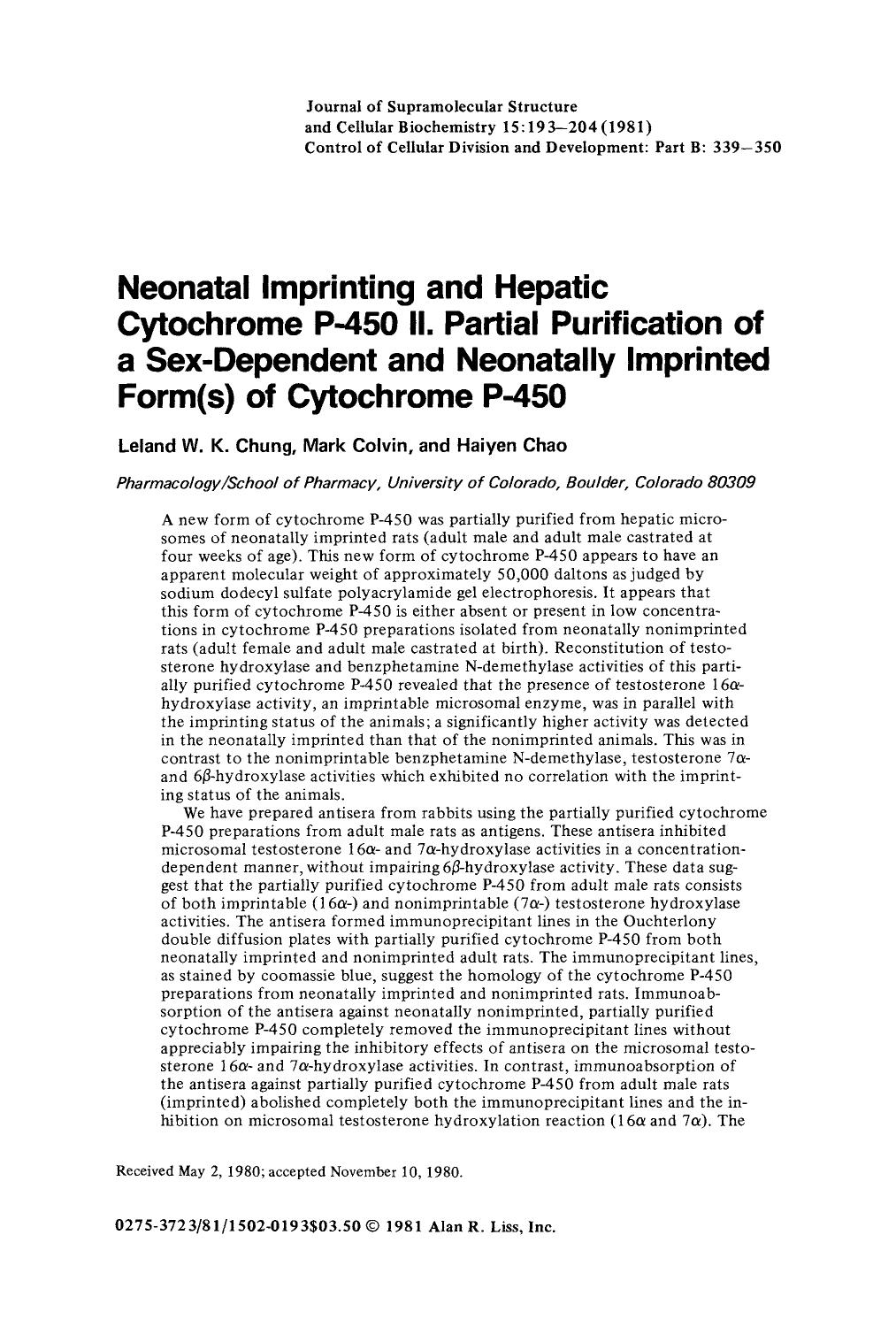 Neonatal imprinting and hepatic cytochrome P-450 II. Partial purification of a sex-dependent and neonatally imprinted form(s) of cytochrome P-450 by Unknown