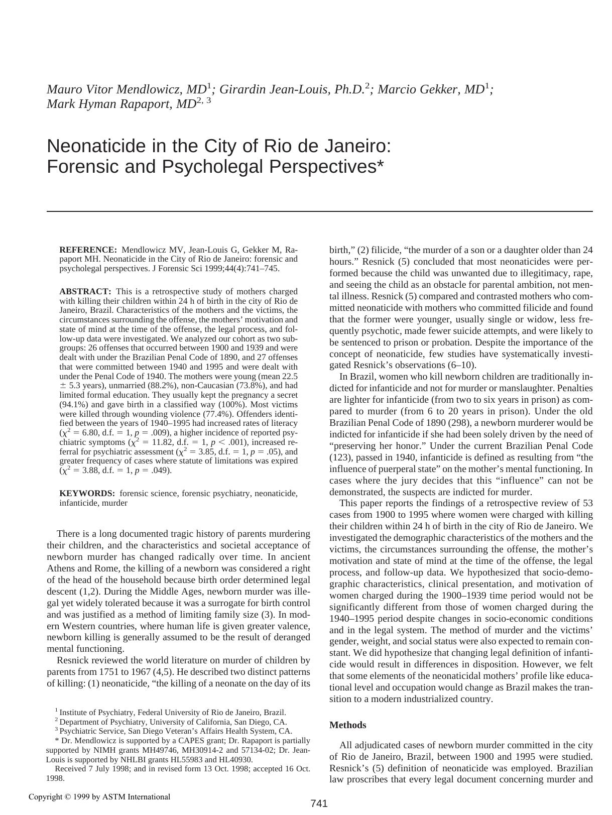 Neonaticide in the City of Rio de Janeiro: forensic and psycholegal perspectives by Mendlowicz MV Jean-Louis G Gekker M Rapaport MH