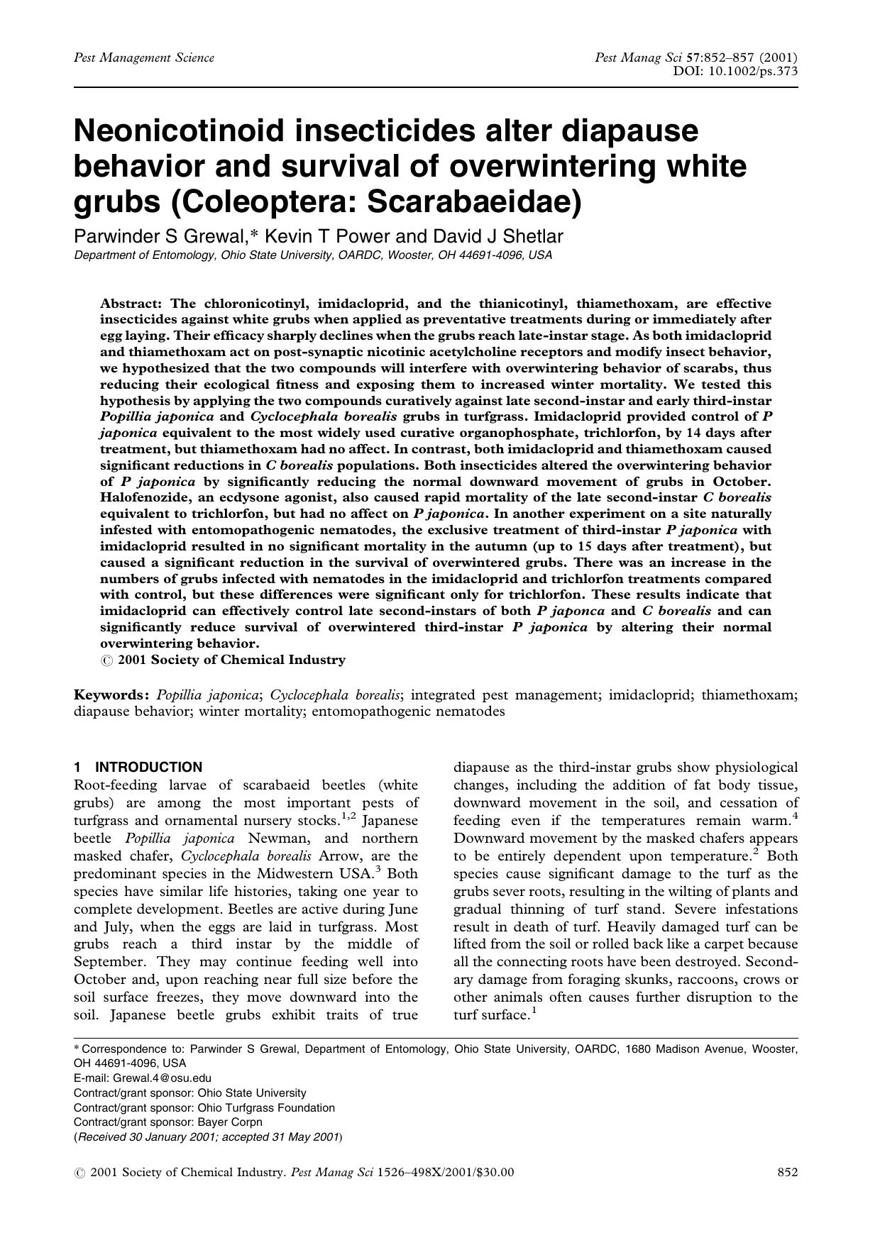 Neonicotinoid insecticides alter diapause behavior and survival of overwintering white grubs (Coleoptera: Scarabaeidae) by Unknown