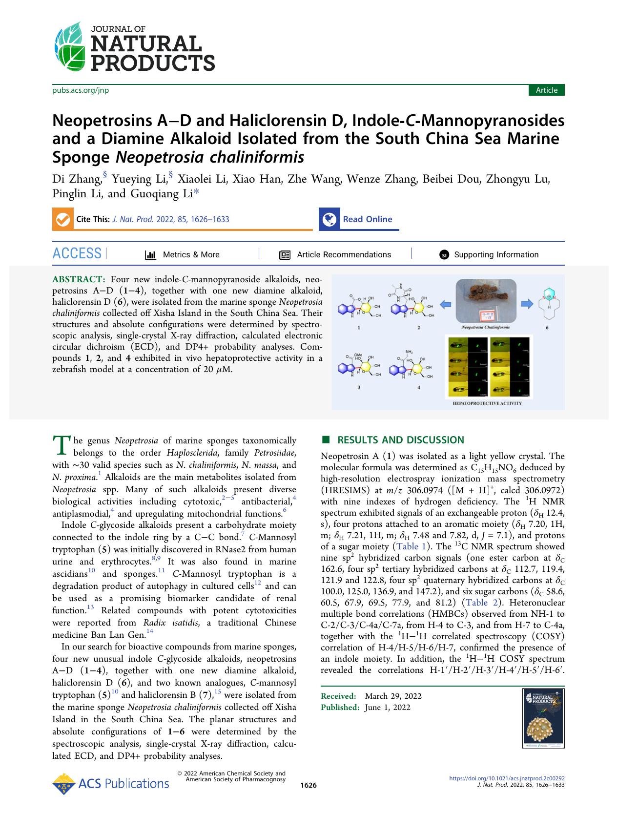 Neopetrosins AâD and Haliclorensin D, Indole-C-Mannopyranosides and a Diamine Alkaloid Isolated from the South China Sea Marine Sponge Neopetrosia chaliniformis by unknow