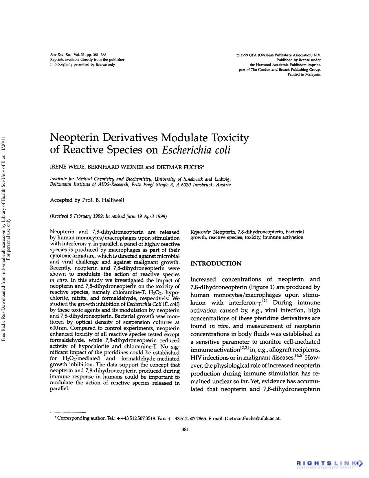Neopterin derivatives modulate toxicity of reactive species on Escherichia coli by Irene Wede Bernhard Widner & Dietmar Fuchs
