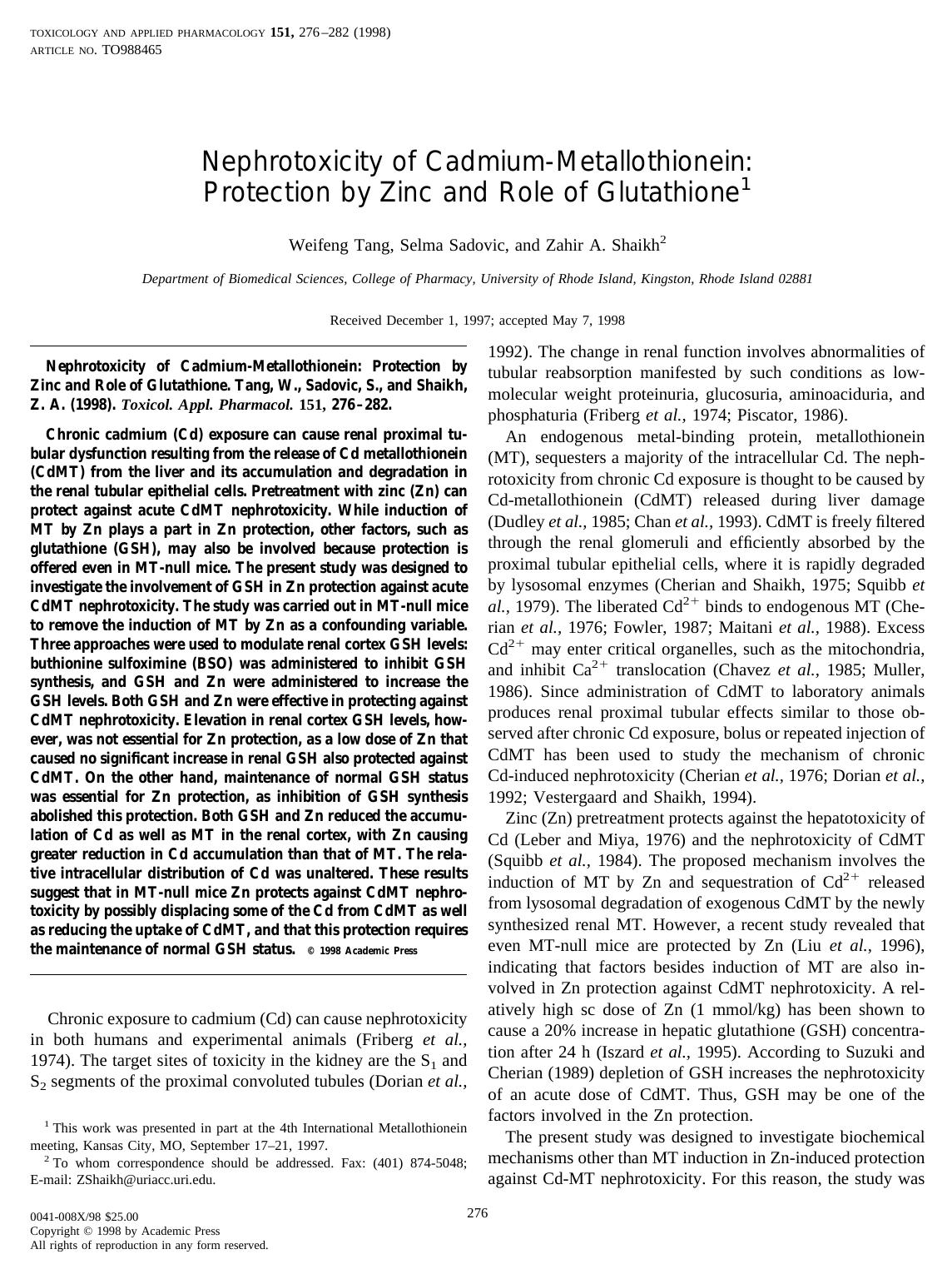 Nephrotoxicity of Cadmium-Metallothionein: Protection by Zinc and Role of Glutathione by Tang W. et al