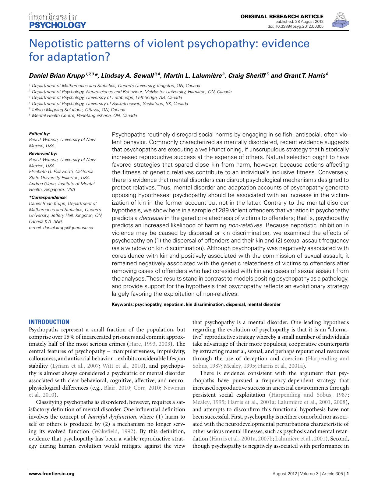 Nepotistic patterns of violent psychopathy: evidence for adaptation? by Daniel Brian Krupp