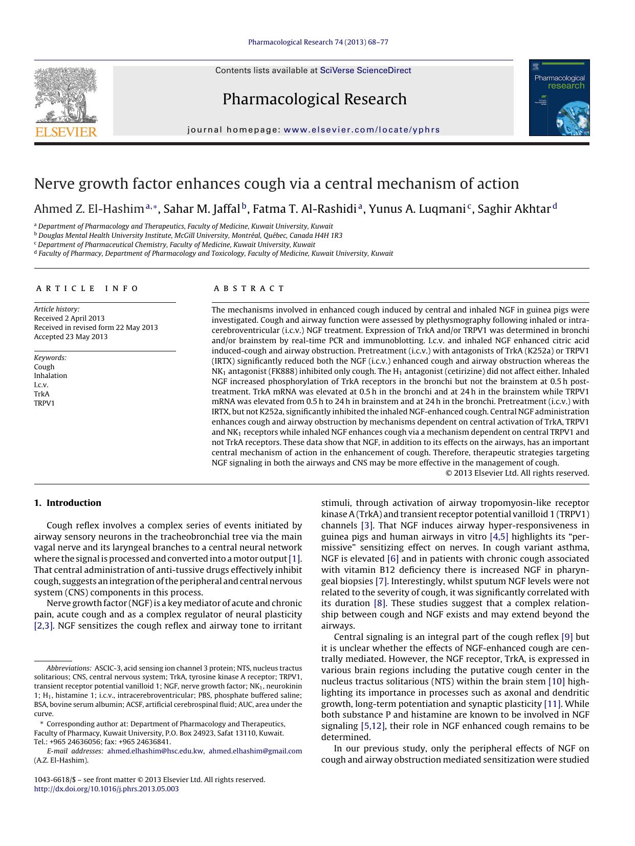 Nerve growth factor enhances cough via a central mechanism of action by Ahmed Z. El-Hashim & Sahar M. Jaffal & Fatma T. Al-Rashidi & Yunus A. Luqmani & Saghir Akhtar