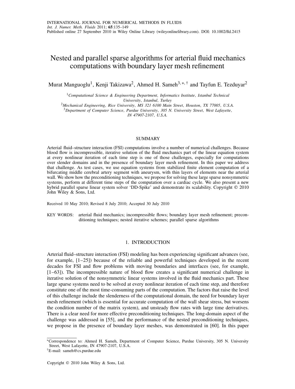 Nested and parallel sparse algorithms for arterial fluid mechanics computations with boundary layer mesh refinement by Unknown