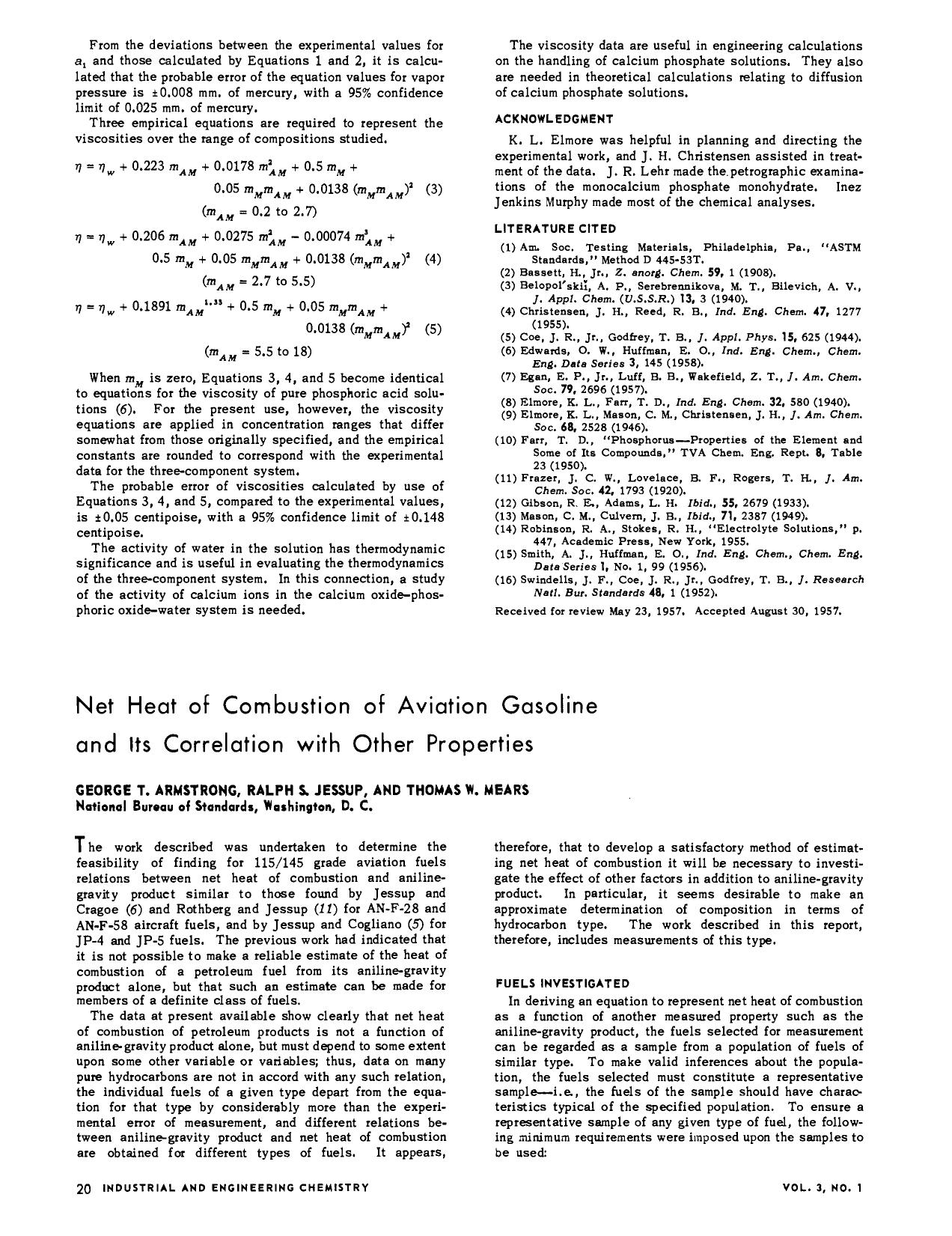 Net Heat of Combustion of Aviation Gasoline and Its Correlation with Other Properties. by G. Armstrong R. Jessup T. Mears