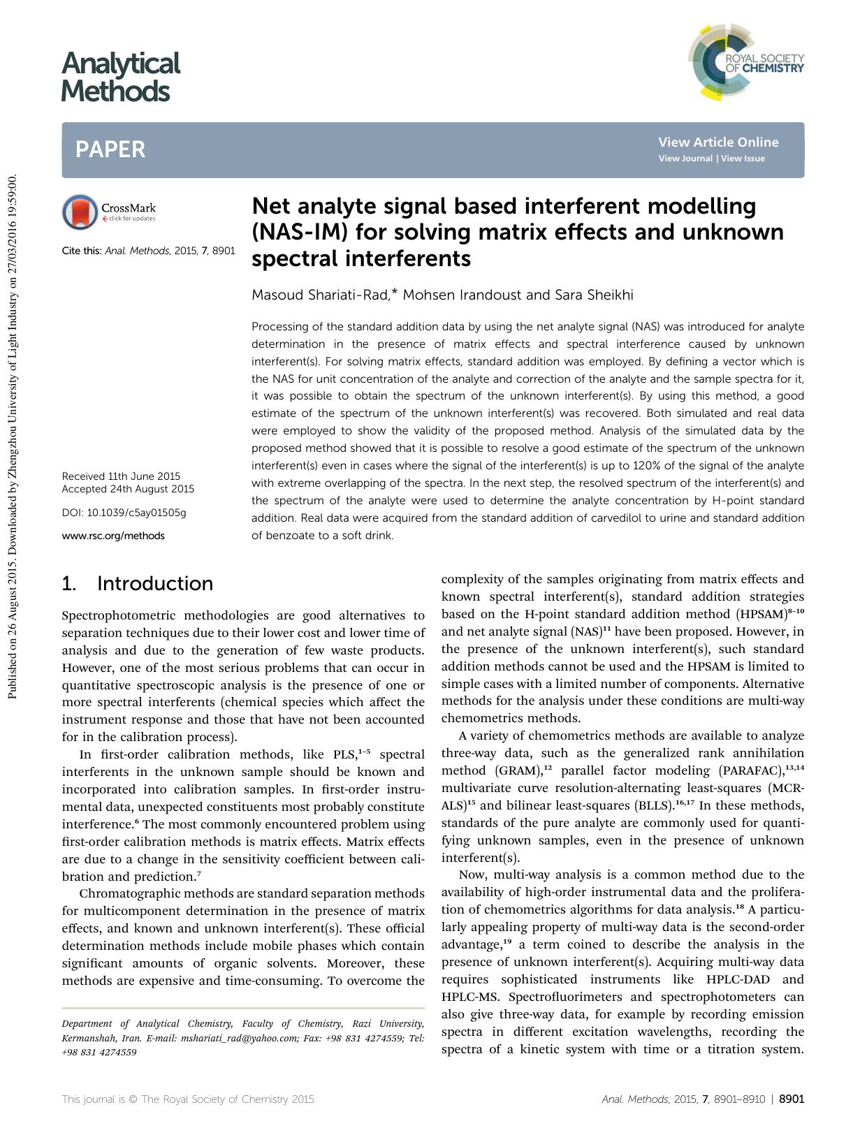 Net analyte signal based interferent modelling (NAS-IM) for solving matrix effects and unknown spectral interferents by Masoud Shariati-Rad & Mohsen Irandoust & Sara Sheikhi