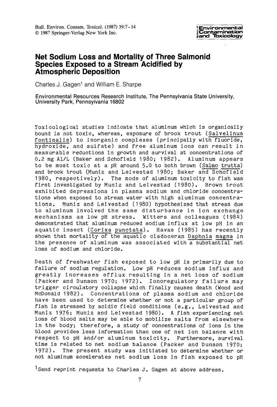 Net sodium loss and mortality of three salmonid species exposed to a stream acidified by atmospheric deposition by Unknown