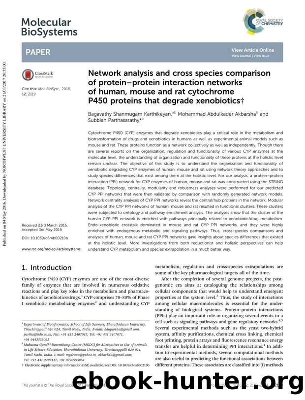 Network analysis and cross species comparison of protein–protein interaction networks of human, mouse and rat cytochrome P450 proteins that degrade xenobiotics by Bagavathy Shanmugam Karthikeyan & Mohammad Abdulkader Akbarsha & Subbiah Parthasarathy