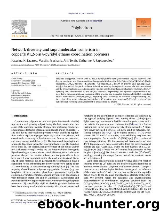Network diversity and supramolecular isomerism in copper(II)1,2-bis(4-pyridyl)ethane coordination polymers by Katerina N. Lazarou & Vassilis Psycharis & Aris Terzis & Catherine P. Raptopoulou