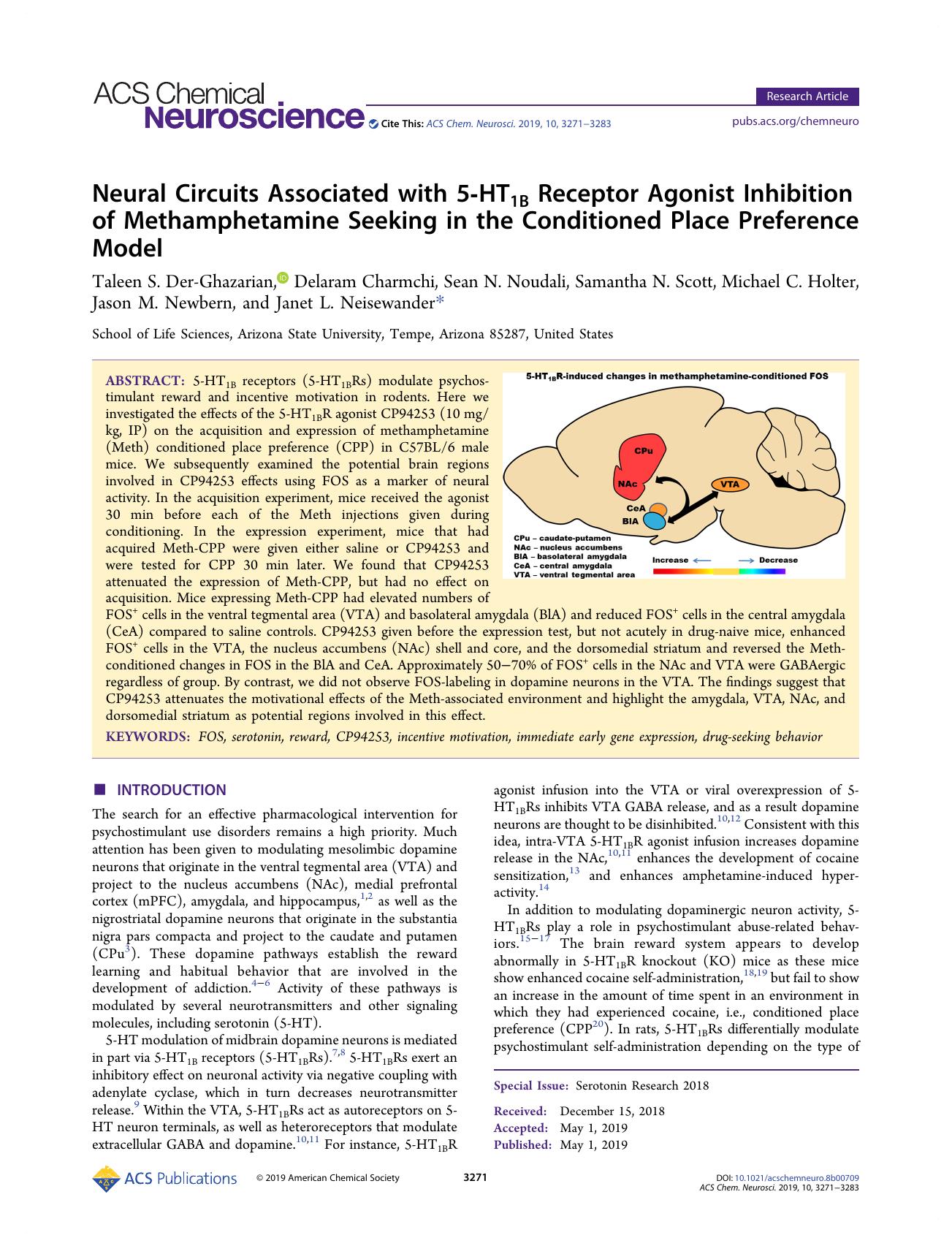 Neural Circuits Associated with 5-HT1B Receptor Agonist Inhibition of Methamphetamine Seeking in the Conditioned Place Preference Model by unknow