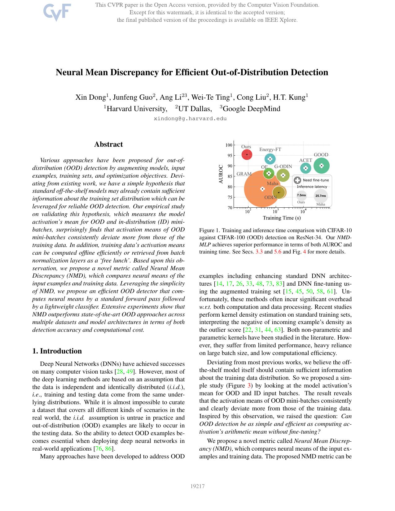 Neural Mean Discrepancy for Efficient Out-of-Distribution Detection by Xin Dong & Junfeng Guo & Ang Li & Wei-Te Ting & Cong Liu & H.T. Kung