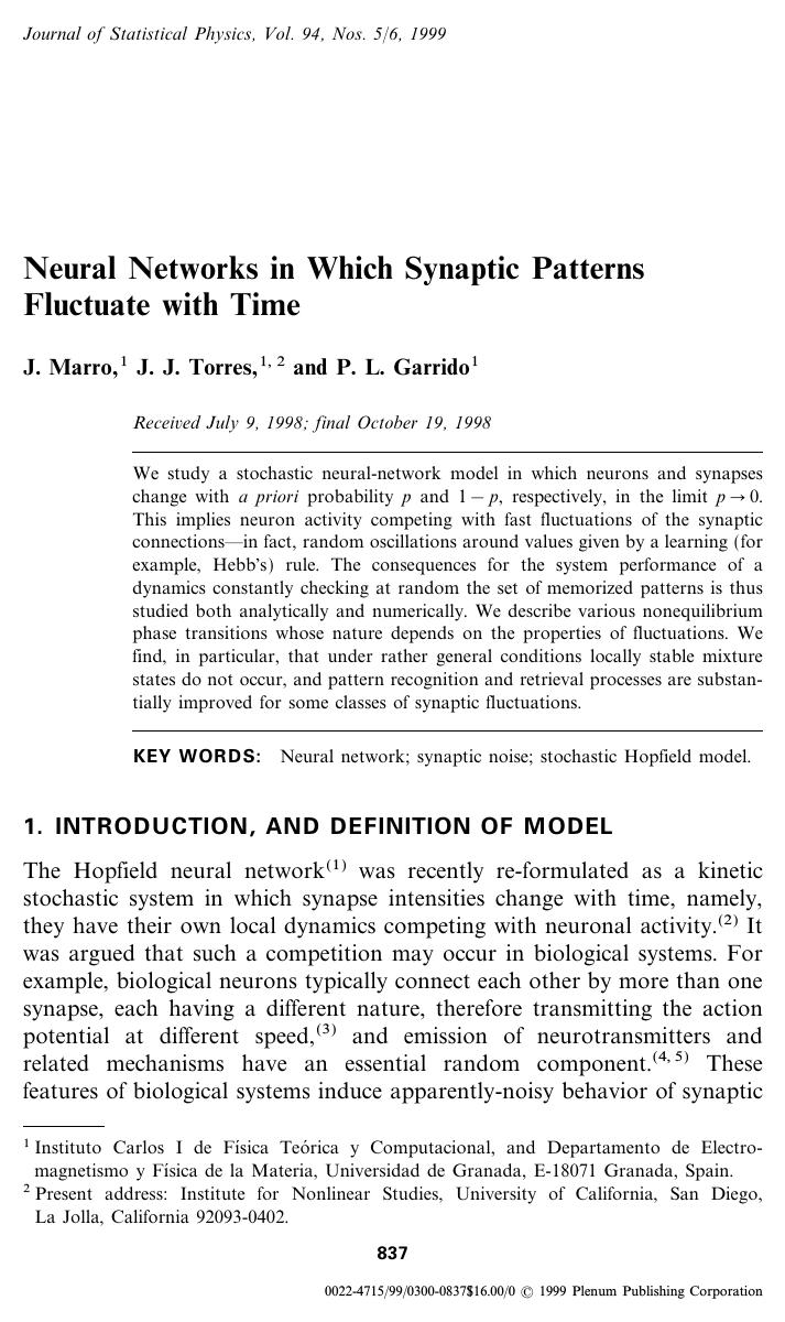 Neural Networks in Which Synaptic Patterns Fluctuate with Time by Unknown