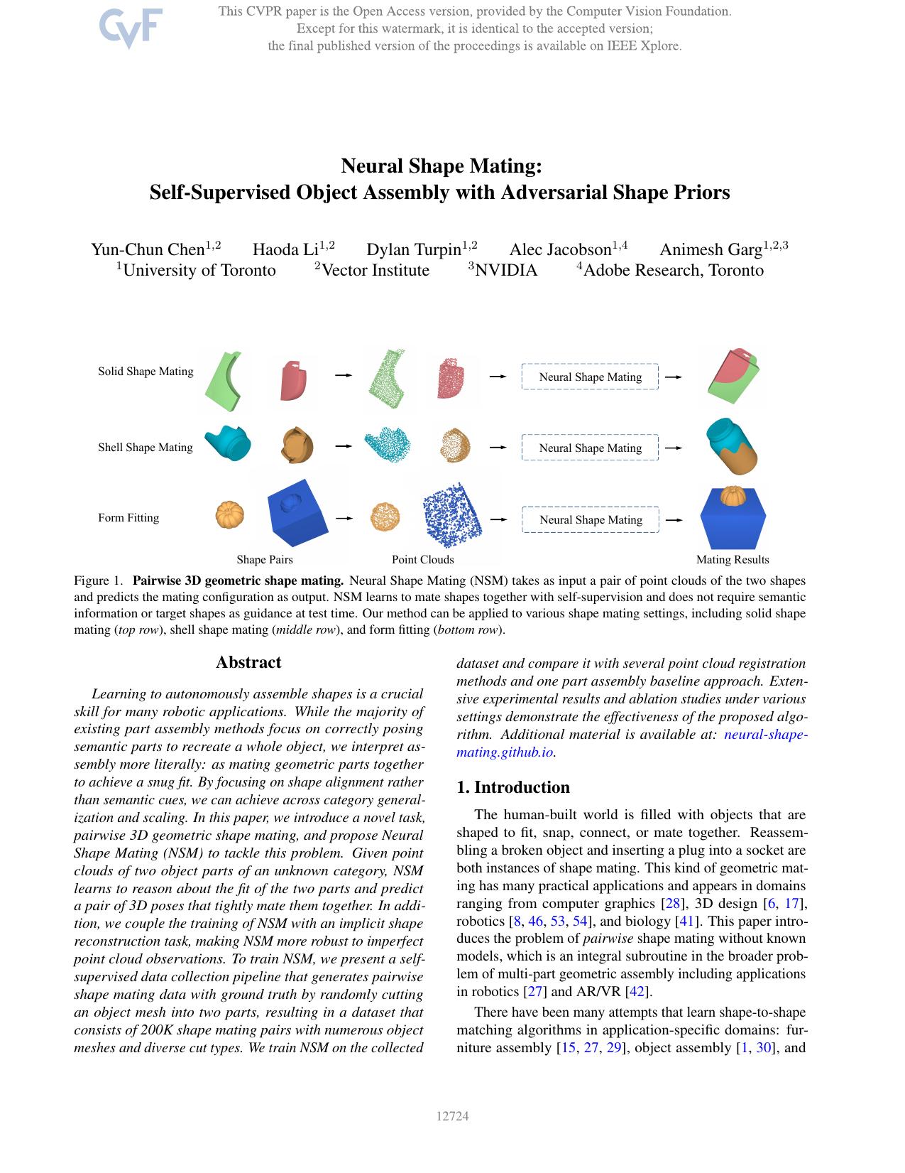 Neural Shape Mating: Self-Supervised Object Assembly With Adversarial Shape Priors by Yun-Chun Chen & Haoda Li & Dylan Turpin & Alec Jacobson & Animesh Garg