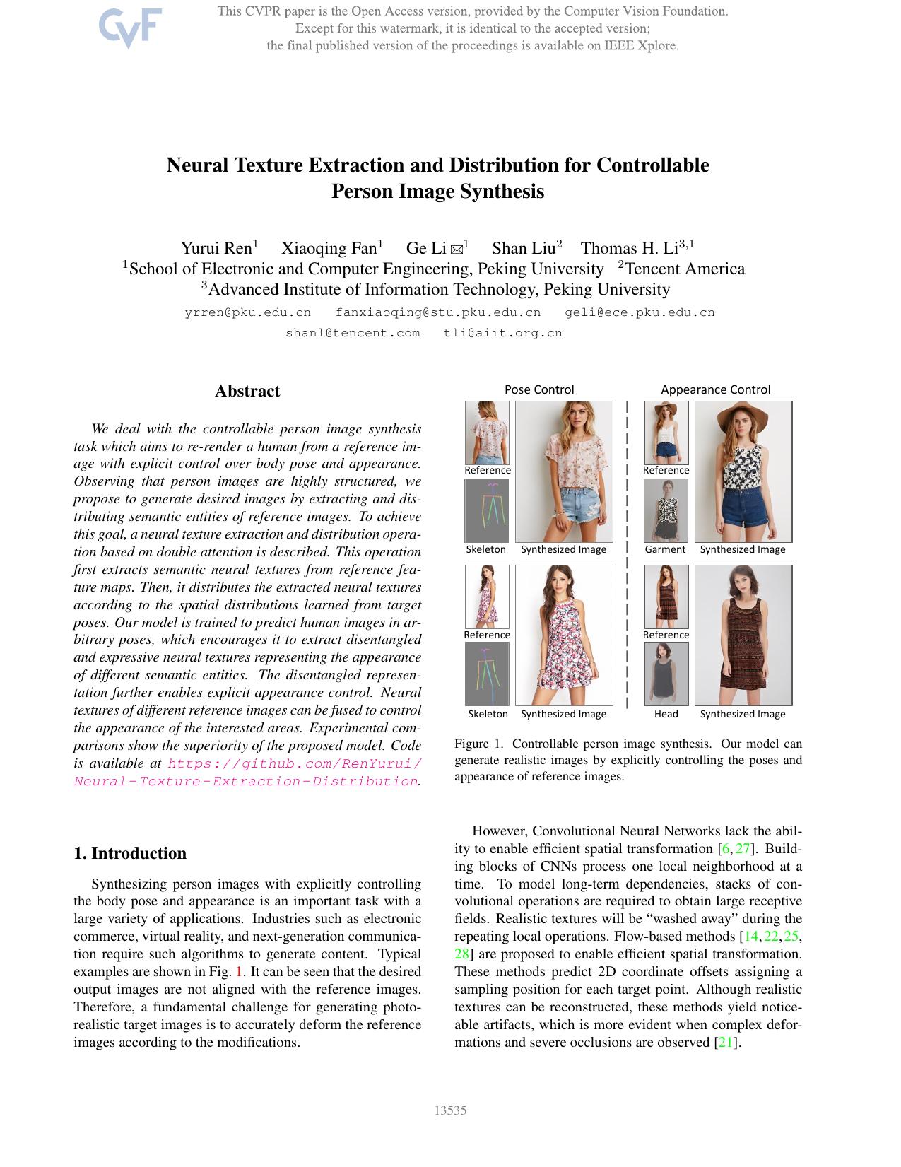 Neural Texture Extraction and Distribution for Controllable Person Image Synthesis by Yurui Ren & Xiaoqing Fan & Ge Li & Shan Liu & Thomas H. Li