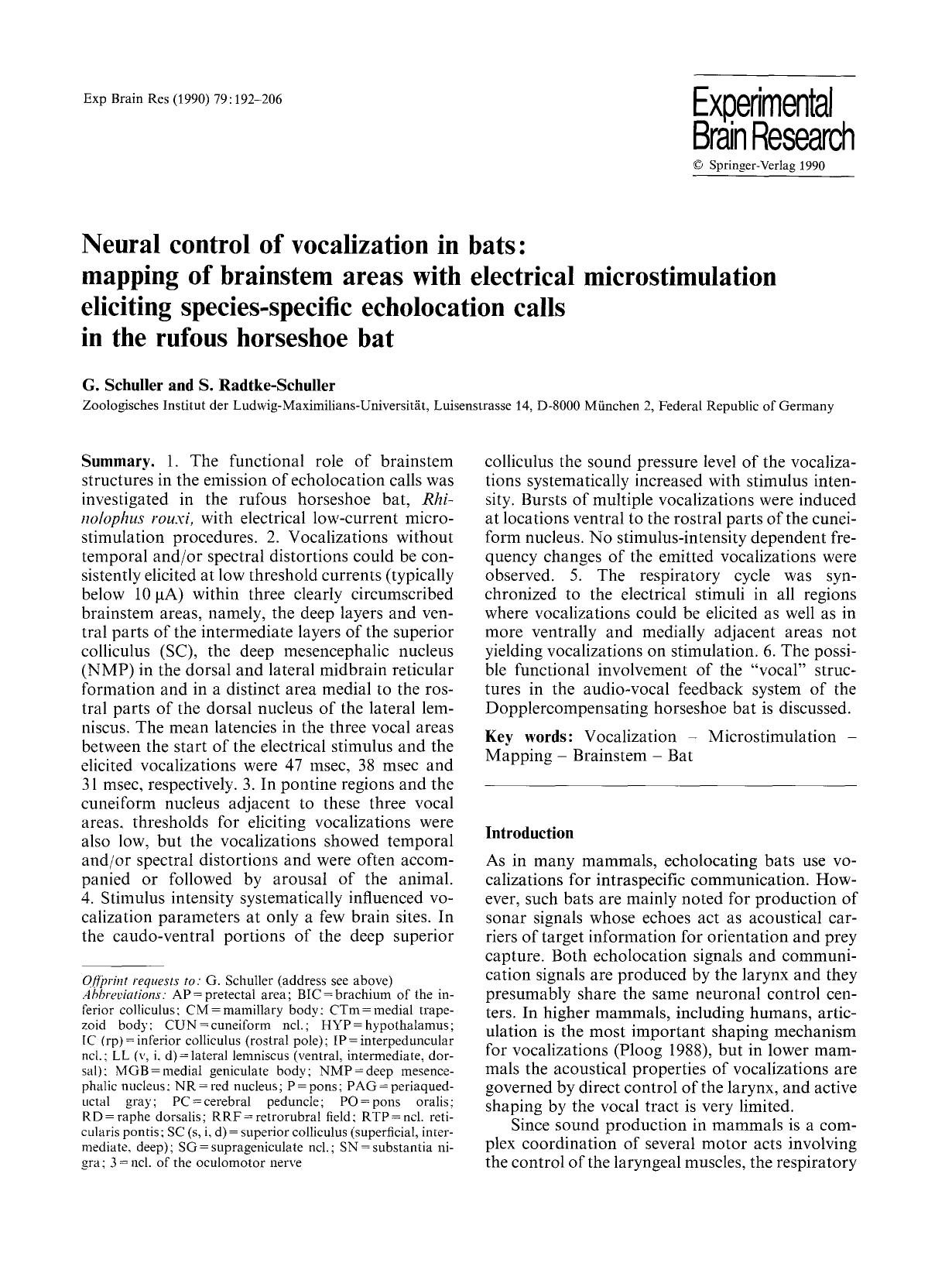Neural control of vocalization in bats: mapping of brainstem areas with electrical microstimulation eliciting species-specific echolocation calls in the rufous horseshoe bat by Unknown
