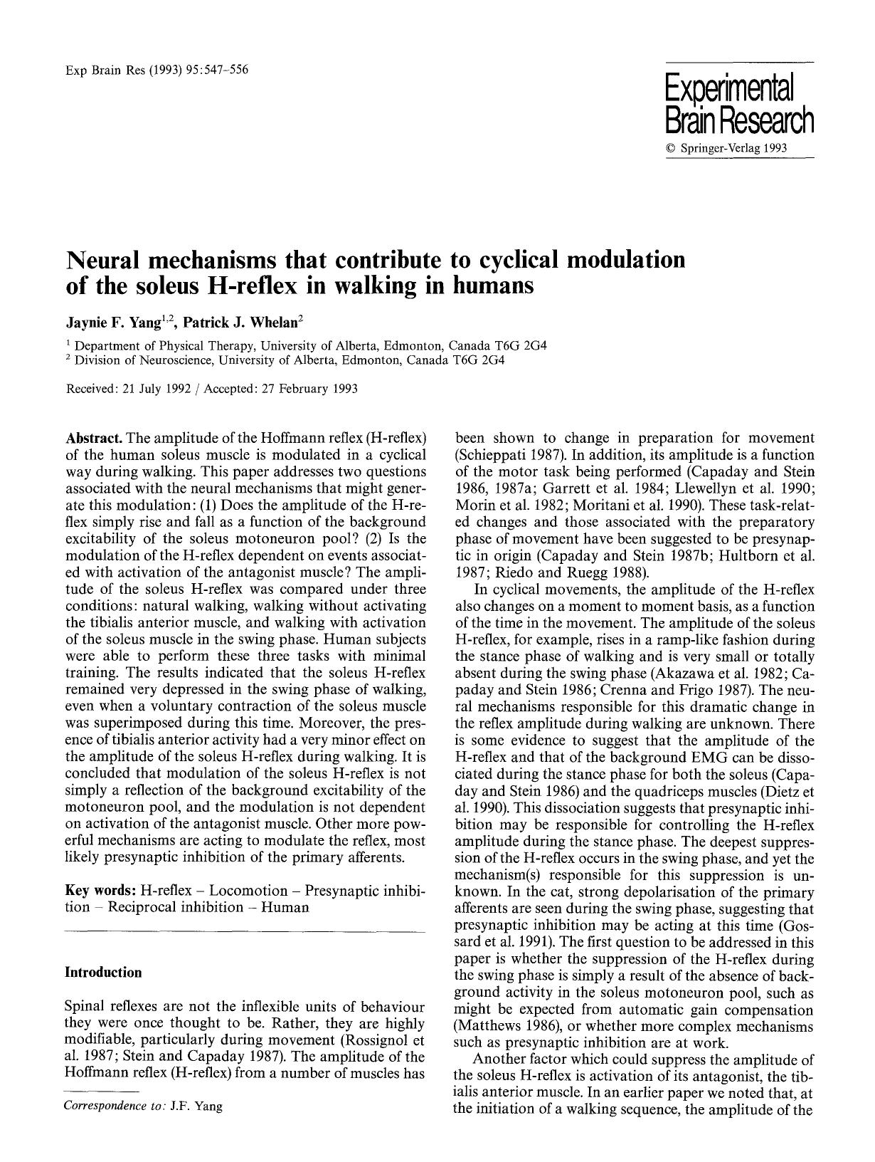 Neural mechanisms that contribute to cyclical modulation of the soleus H-reflex in walking in humans by Unknown