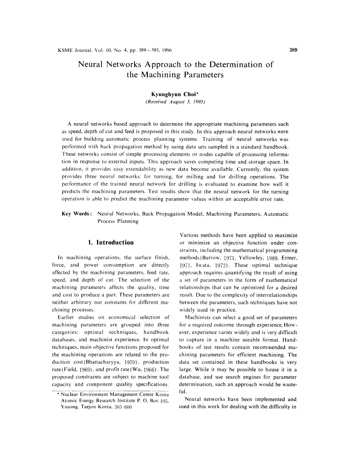 Neural networks approach to the determination of the machining parameters by Unknown
