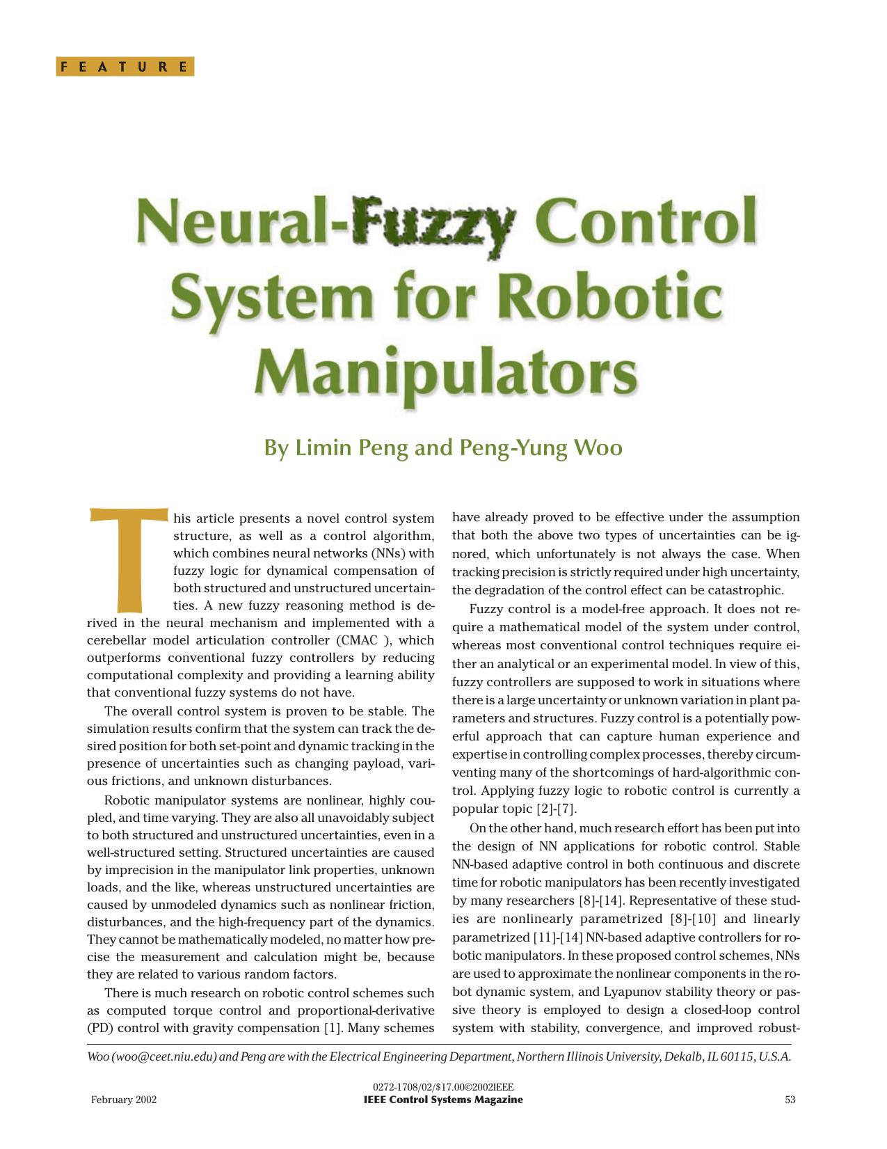Neural-fuzzy control system for robotic manipulators - IEEE Control Systems Magazine by Unknown