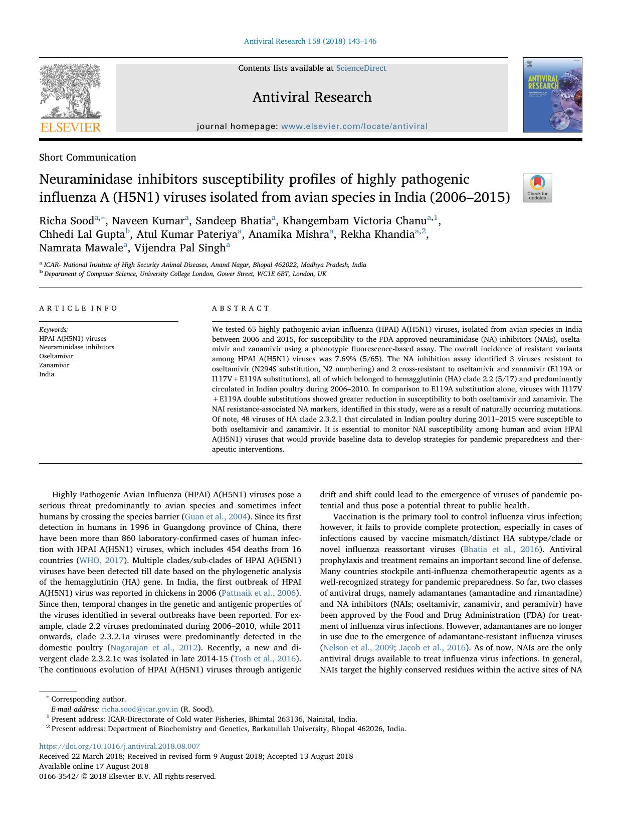Neuraminidase inhibitors susceptibility profiles of highly pathogenic influenza A (H5N1) viruses isolated from avian species in India (2006â2015) by unknow