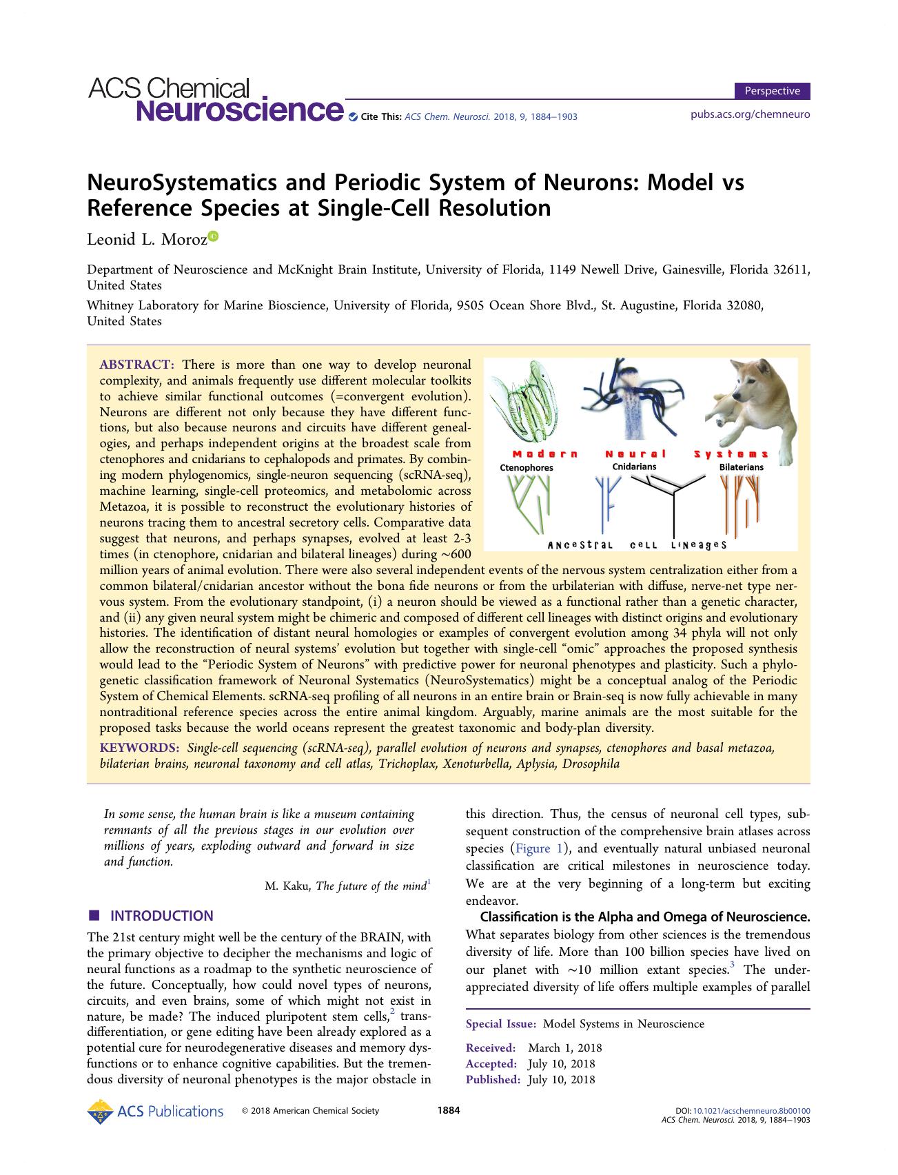 NeuroSystematics and Periodic System of Neurons: Model vs Reference Species at Single-Cell Resolution by Leonid L. Moroz