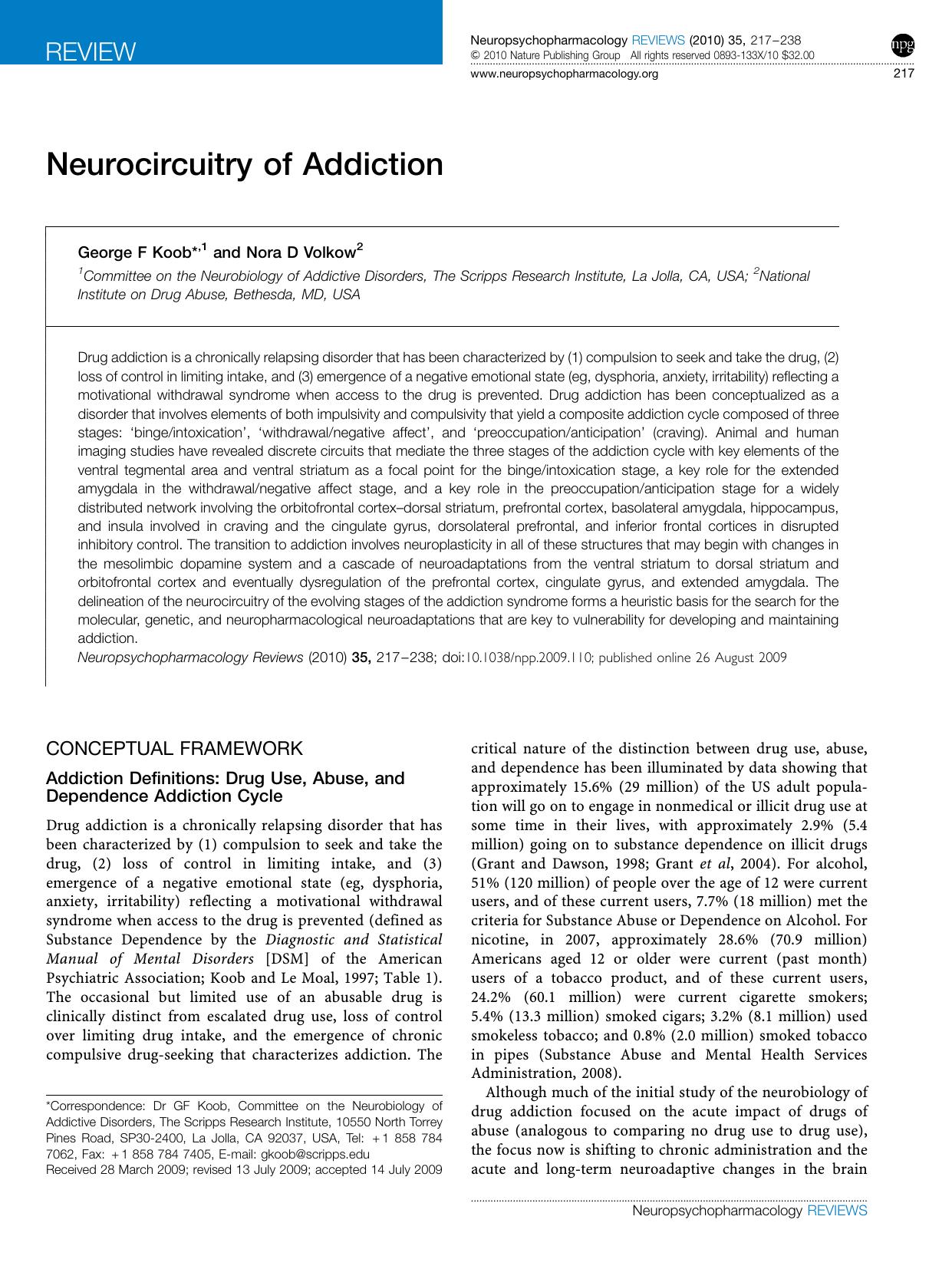Neurocircuitry of Addiction by George F Koob & Nora D Volkow