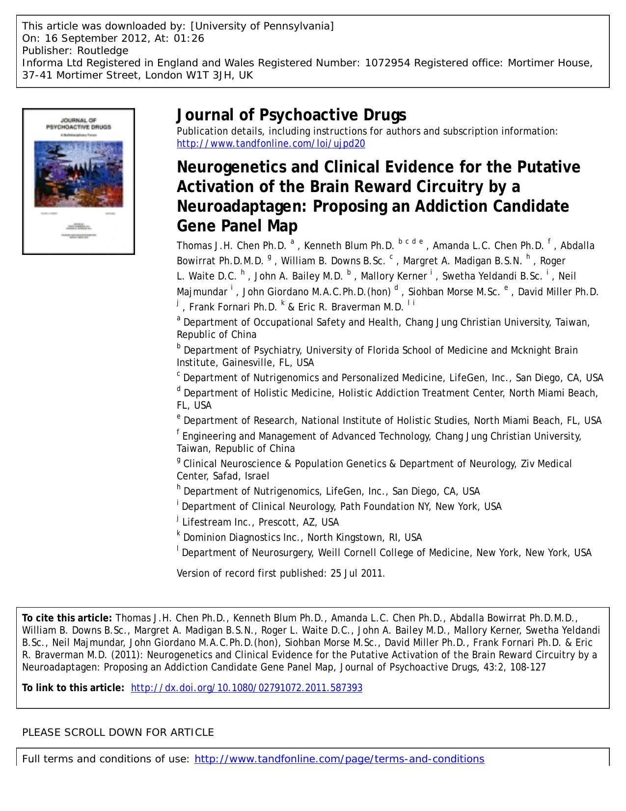 Neurogenetics and Clinical Evidence for the Putative Activation of the Brain Reward Circuitry by a Neuroadaptagen: Proposing an Addiction Candidate Gene Panel Map by unknow