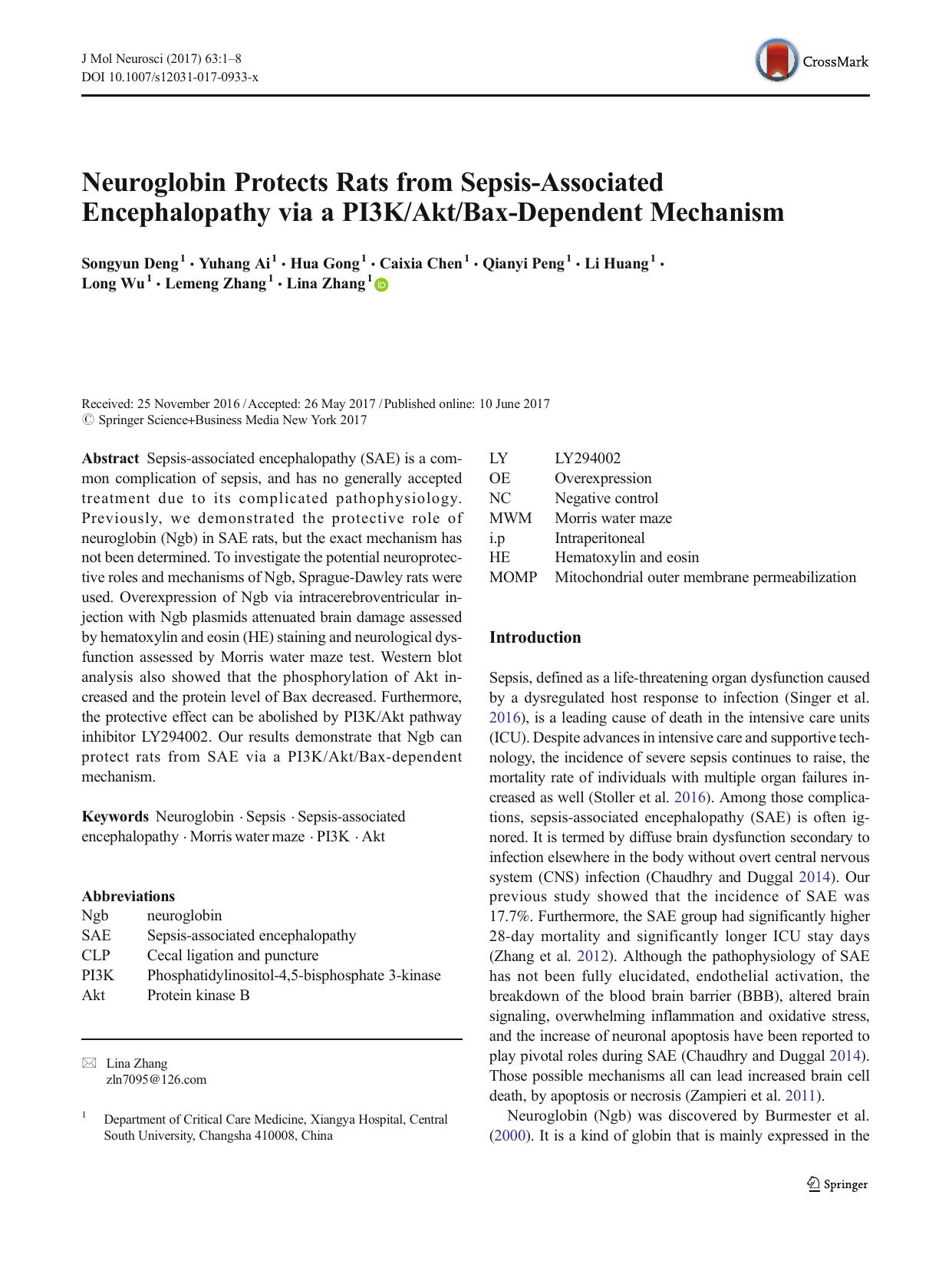 Neuroglobin Protects Rats from Sepsis-Associated Encephalopathy via a PI3KAktBax-Dependent Mechanism by unknow