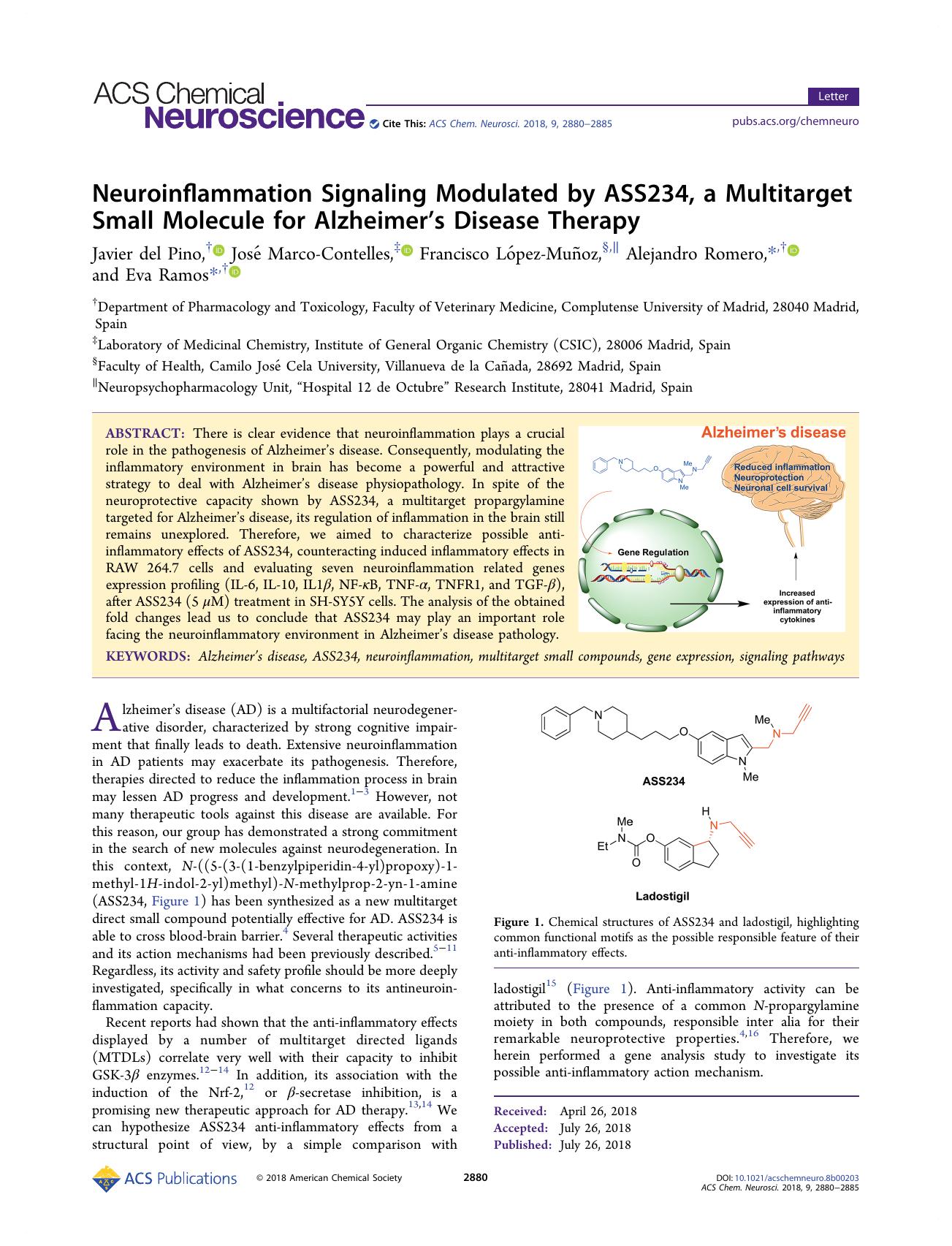 Neuroinflammation Signaling Modulated by ASS234, a Multitarget Small Molecule for Alzheimerâs Disease Therapy by Javier del Pino José Marco-Contelles Francisco López-Muñoz Alejandro Romero and Eva Ramos