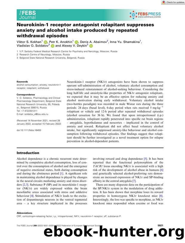 Neurokininâ1 receptor antagonist rolapitant suppresses anxiety and alcohol intake produced by repeated withdrawal episodes by Unknown