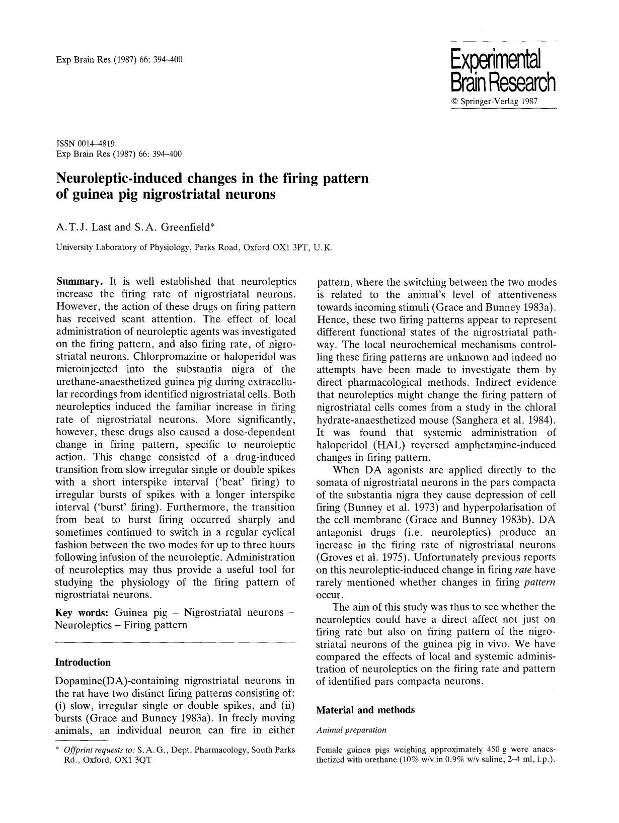 Neuroleptic-induced changes in the firing pattern of guinea pig nigrostriatal neurons by Unknown