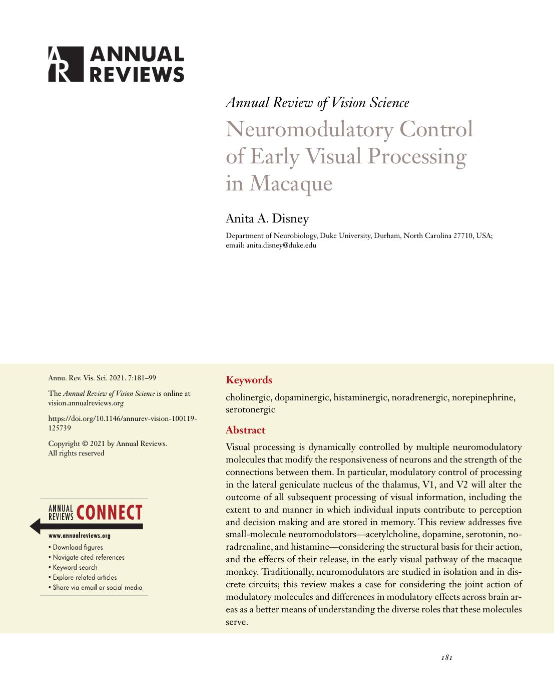 Neuromodulatory Control of Early Visual Processing in Macaque by Anita A. Disney