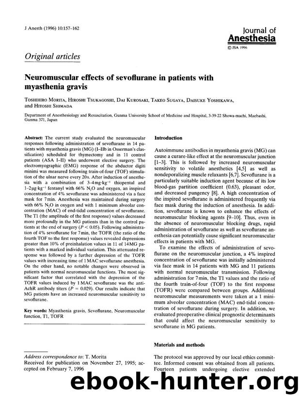 Neuromuscular effects of sevoflurane in patients with myasthenia gravis by Unknown
