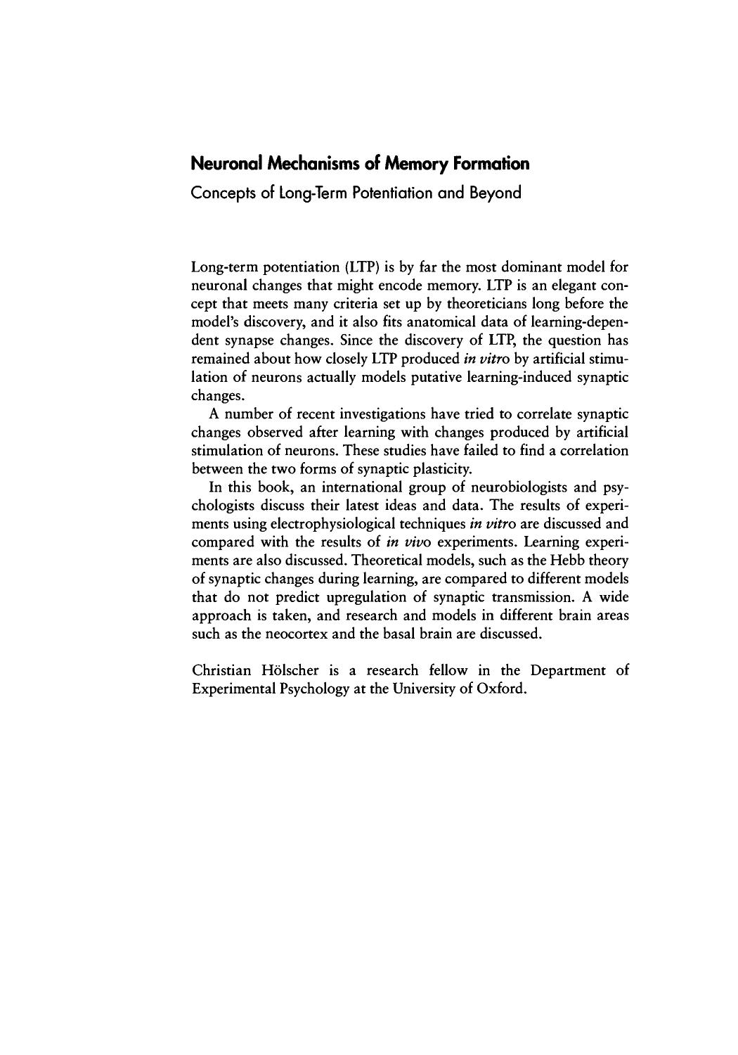 Neuronal Mechanisms of Memory Formation: Concepts of Long-term Potentiation and Beyond by Christian Holscher