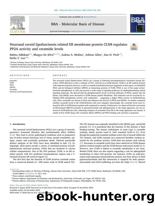 Neuronal ceroid lipofuscinosis related ER membrane protein CLN8 regulates PP2A activity and ceramide levels by Babita Adhikari & Bhagya De Silva & Joshua A. Molina & Ashton Allen & Sun H. Peck & Stella Y. Lee