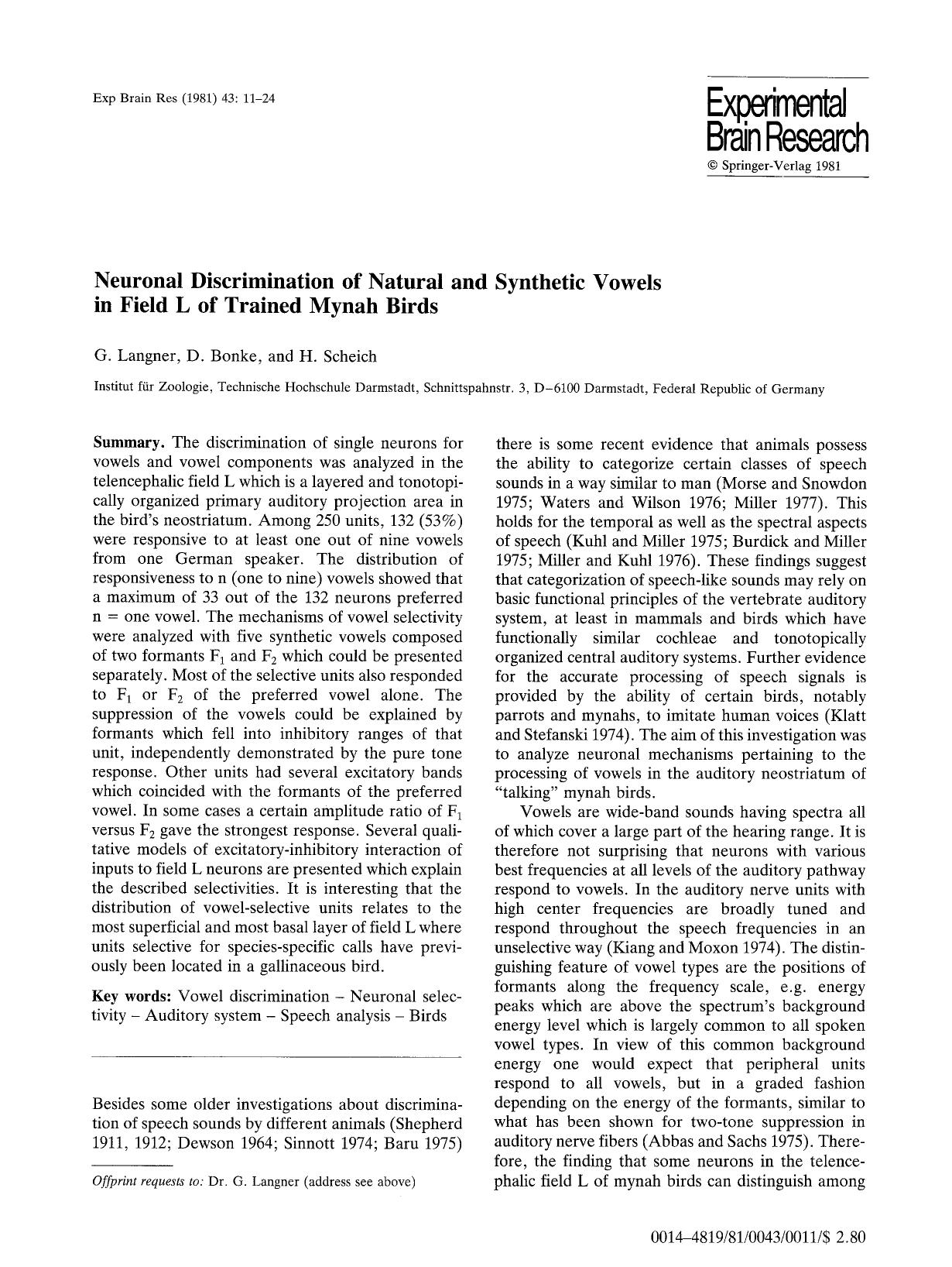 Neuronal discrimination of natural and synthetic vowels in field L of trained mynah birds by Unknown