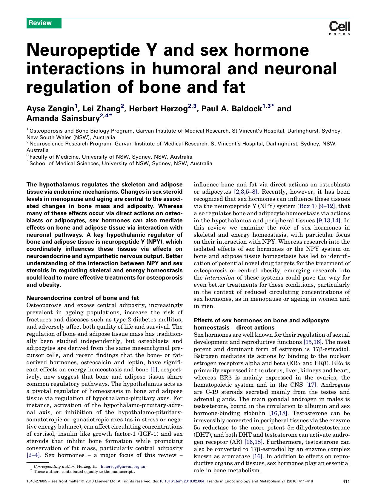 Neuropeptide Y and sex hormone interactions in humoral and neuronal regulation of bone and fat by Ayse Zengin; Lei Zhang; Herbert Herzog; Paul A. Baldock; Amanda Sainsbury