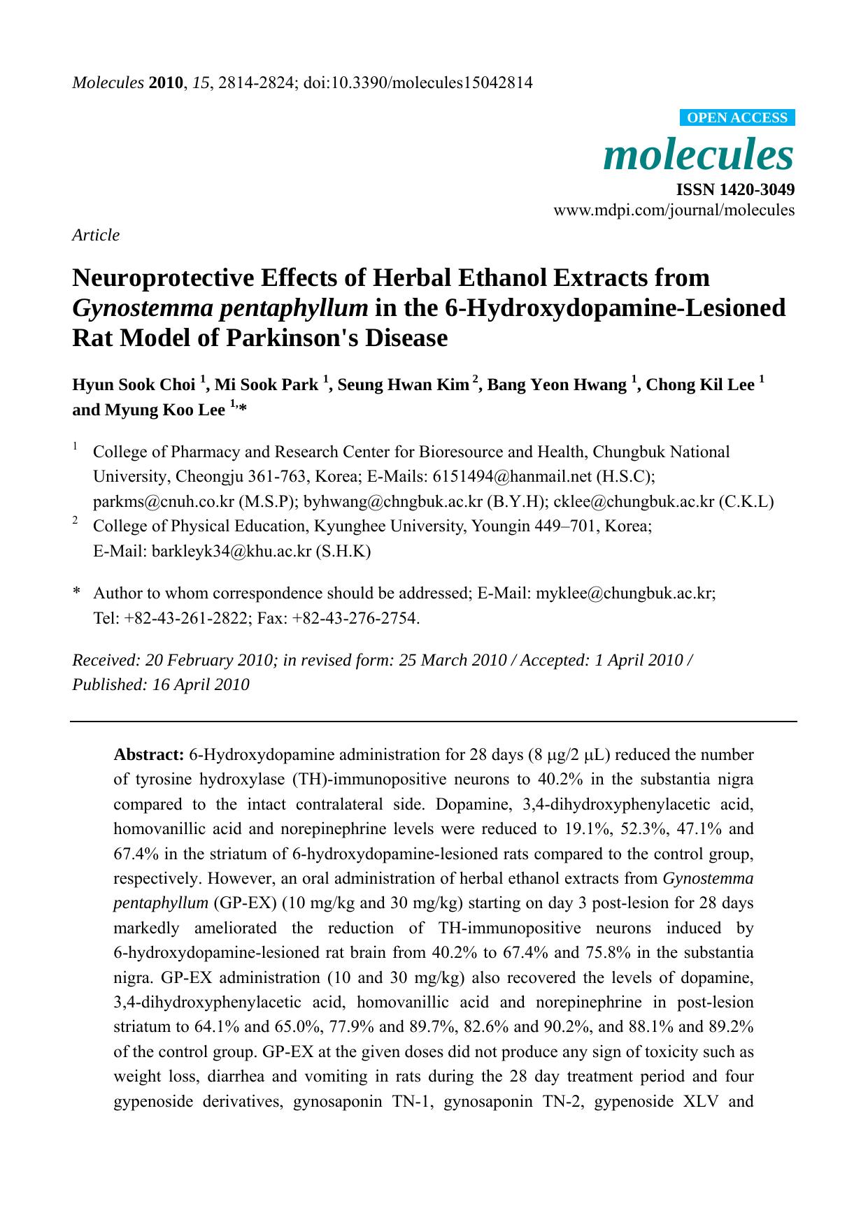 Neuroprotective Effects of Herbal Ethanol Extracts from Gynostemma pentaphyllum in the 6-Hydroxydopamine-Lesioned Rat Model of Parkinson's Disease by Hyun Sook Choi & Mi Sook Park & Seung Hwan Kim & Bang Yeon Hwang & Chong Kil Lee & Myung Koo Lee