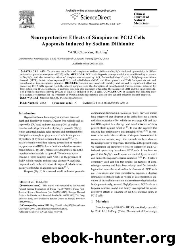 Neuroprotective Effects of Sinapine on PC12 Cells Apoptosis Induced by Sodium Dithionite by YANG; Chun-Yan HE