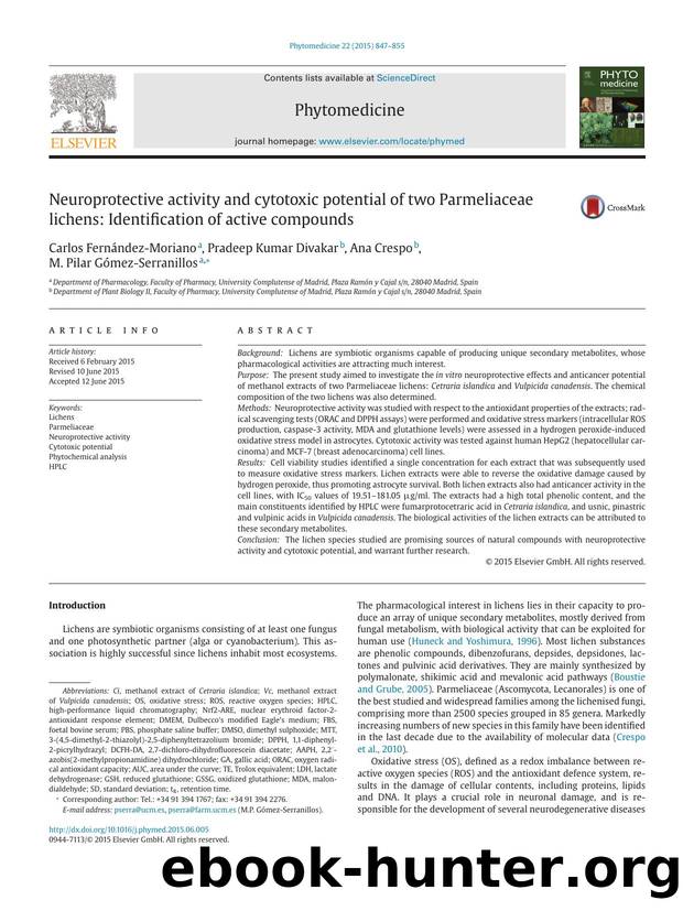 Neuroprotective activity and cytotoxic potential of two Parmeliaceae lichens: Identification of active compounds by Carlos Fern?ndez-Moriano & Pradeep Kumar Divakar & Ana Crespo & M. Pilar G?mez-Serranillos