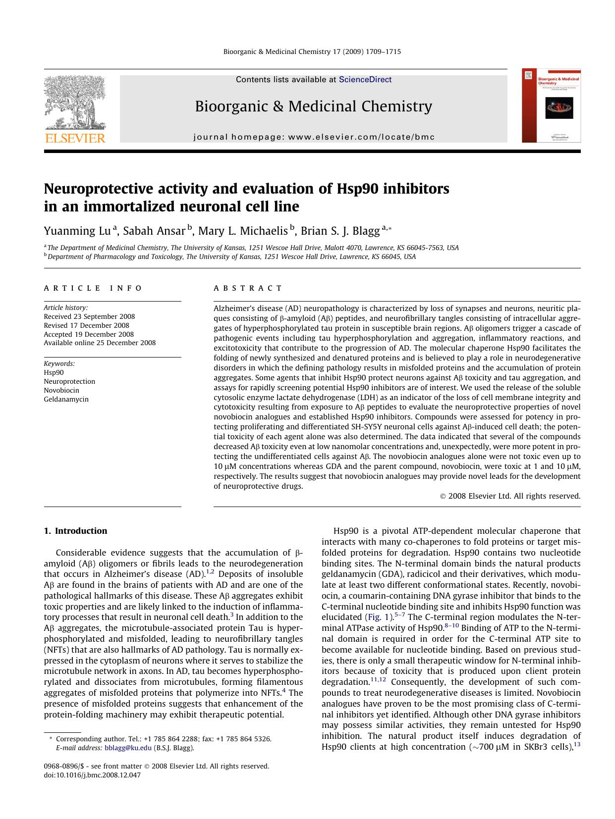 Neuroprotective activity and evaluation of Hsp90 inhibitors in an immortalized neuronal cell line by Yuanming Lu; Sabah Ansar; Mary L. Michaelis; Brian S.J. Blagg