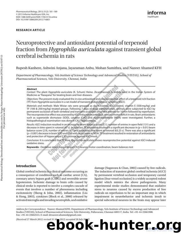 Neuroprotective and antioxidant potential of terpenoid fraction from Hygrophila auriculata against transient global cerebral ischemia in rats by Rupesh Kanhere Ashwini Anjana Jayaraman Anbu Mohan Sumithra & Nazeer Ahamed KFH
