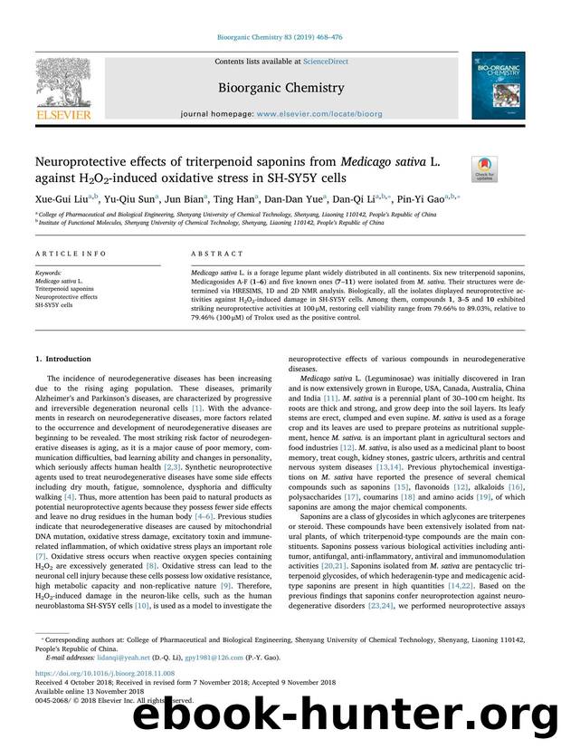 Neuroprotective effects of triterpenoid saponins from Medicago sativa L. against H2O2-induced oxidative stress in SH-SY5Y cells by Xue-Gui Liu & Yu-Qiu Sun & Jun Bian & Ting Han & Dan-Dan Yue & Dan-Qi Li & Pin-Yi Gao