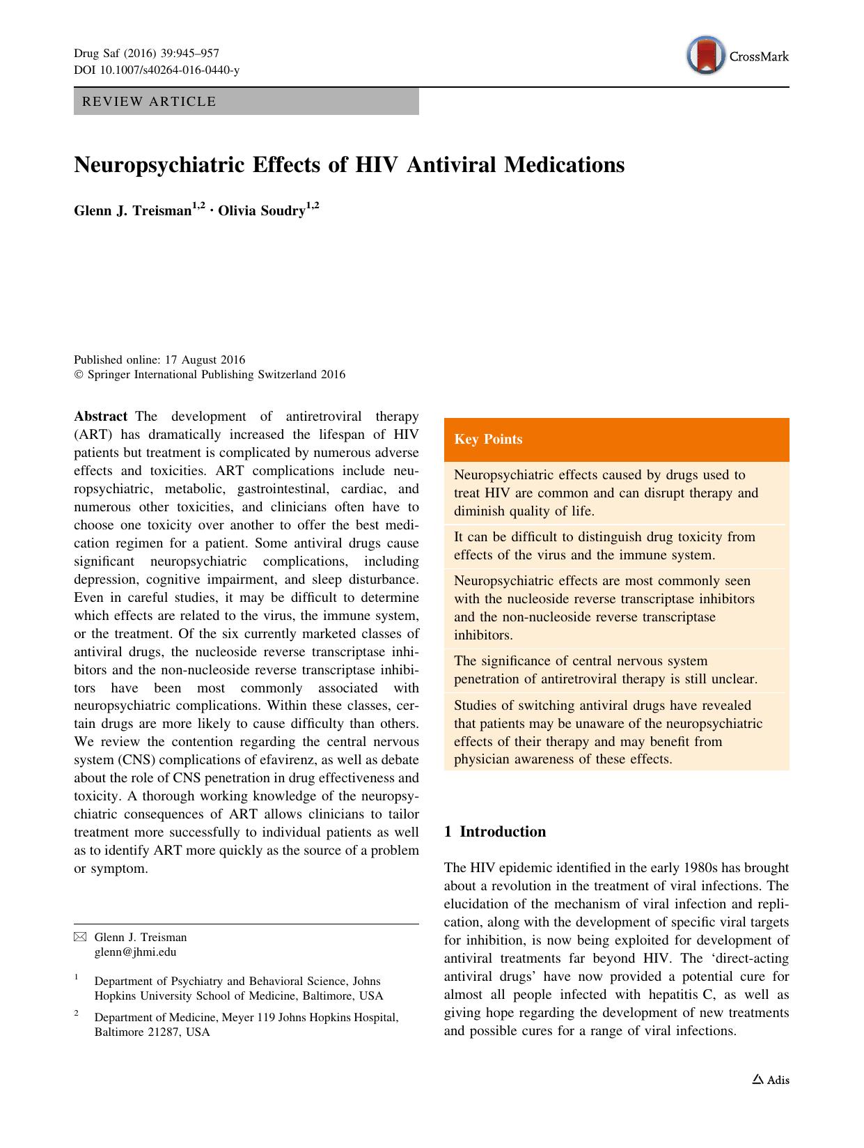 Neuropsychiatric Effects of HIV Antiviral Medications by Glenn J. Treisman & Olivia Soudry