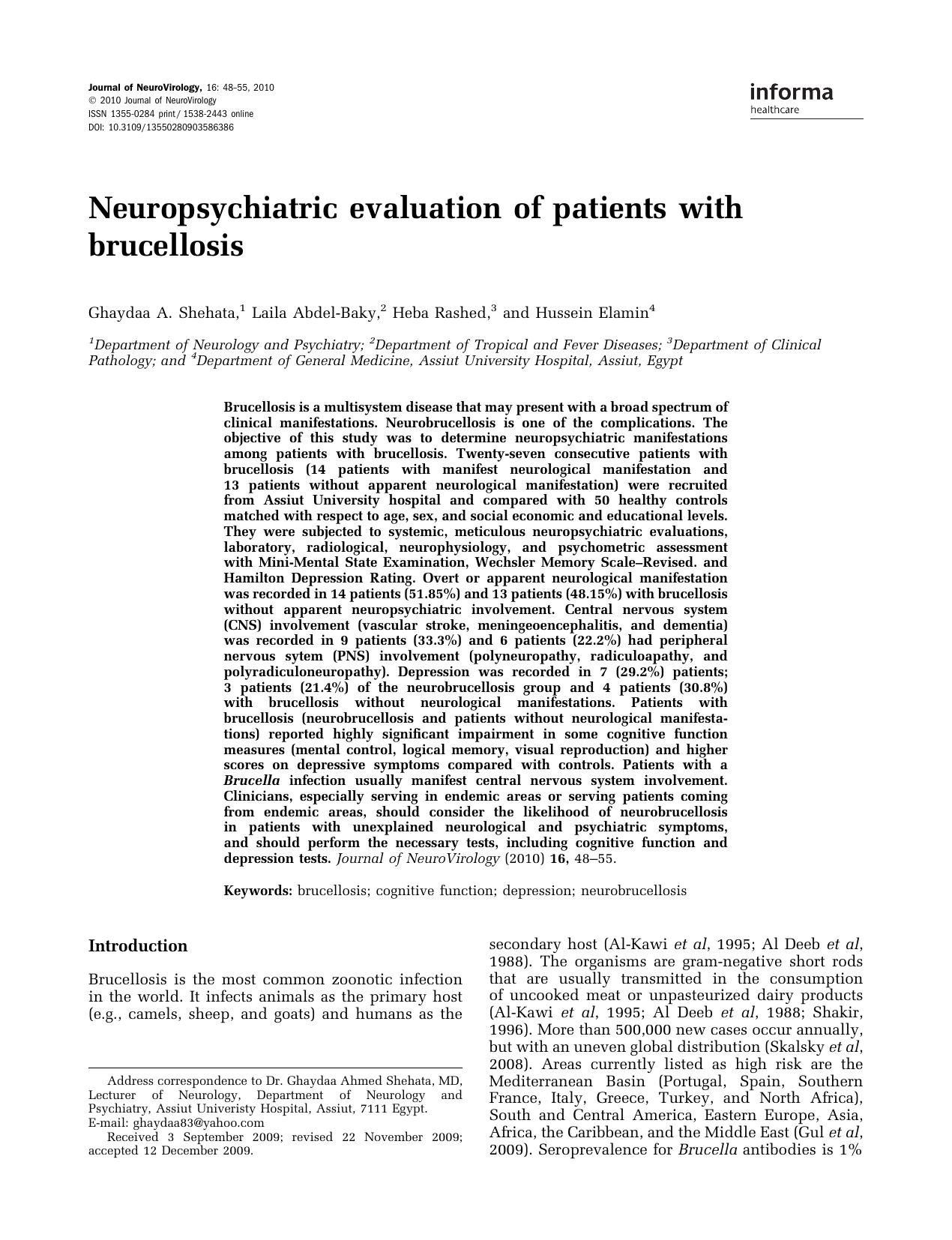 Neuropsychiatric evaluation of patients with brucellosis by Unknown